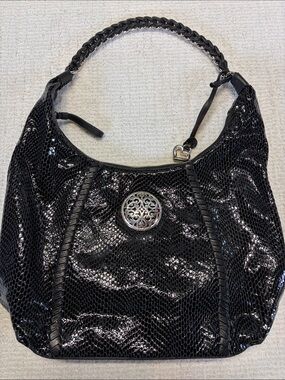 Brighton Black Leather Snakeskin Hobo Shoulder Bag Heart Charm